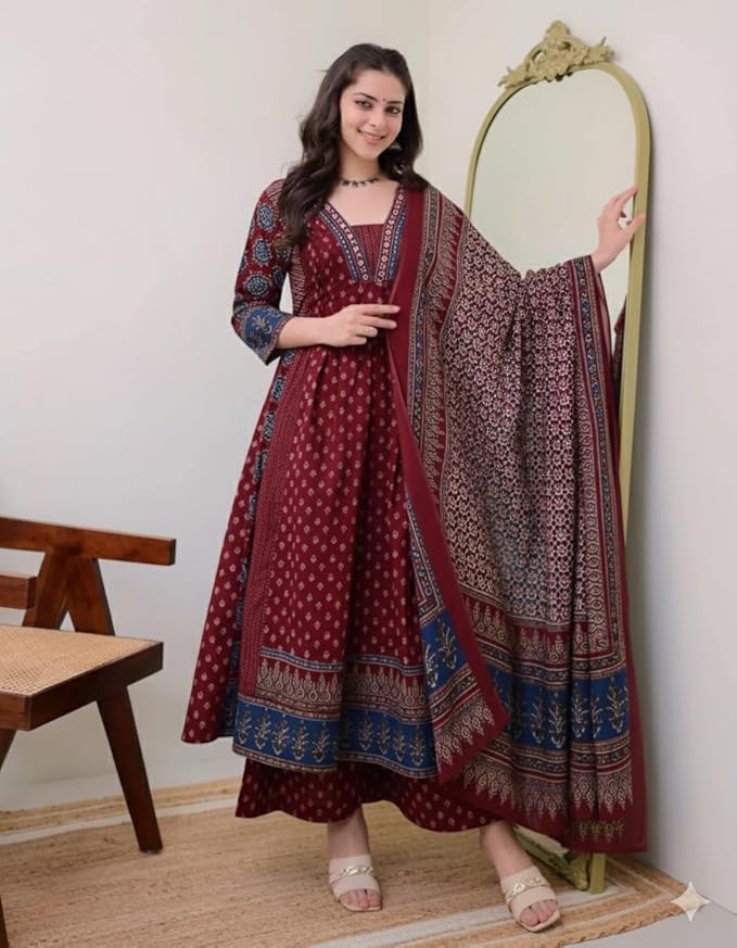 KLOSIA Women's Rayon Printed Anarkali Kurta and Pant with Dupatta Set